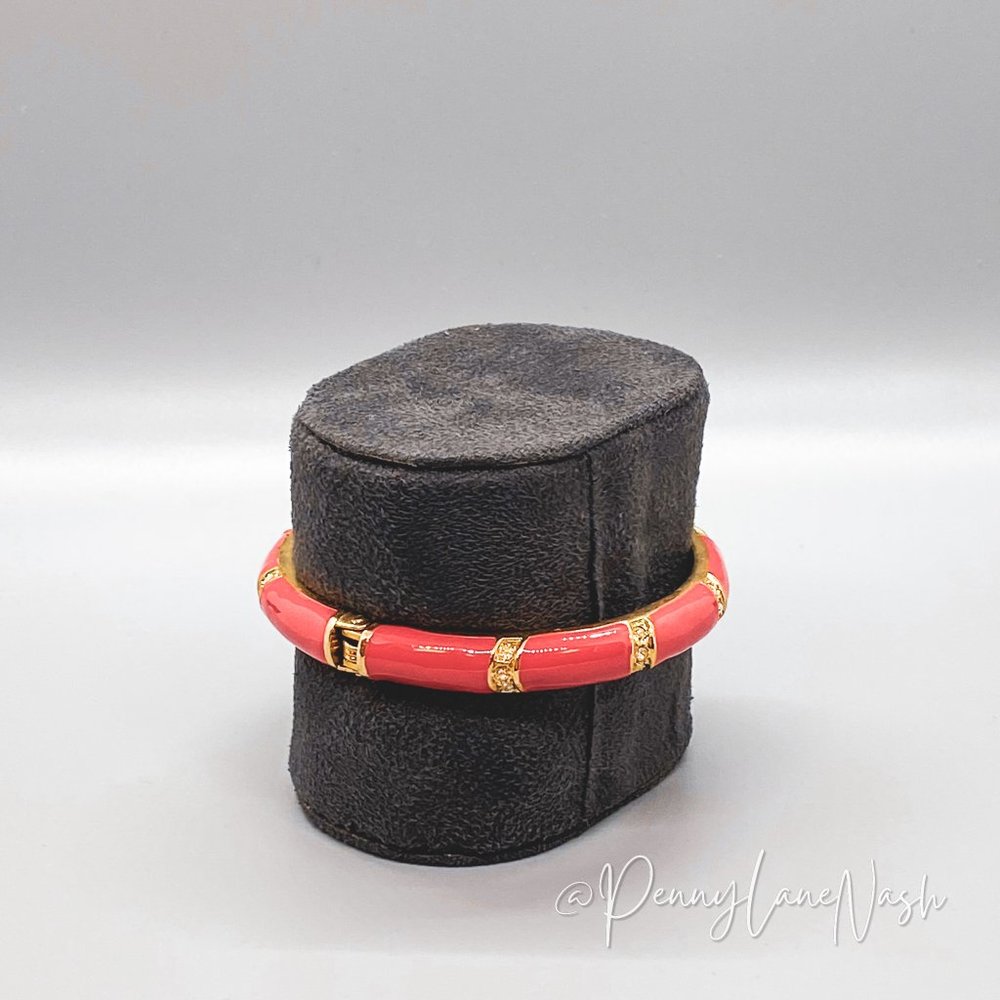 Vintage Pink With Gold Stripes Enamel Bangle Bracelet - Picture 3 of 5
